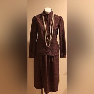 Ms. Chaus Vintage Red And Paisley Mock skirt Suit Set With Tie Long Sleeves